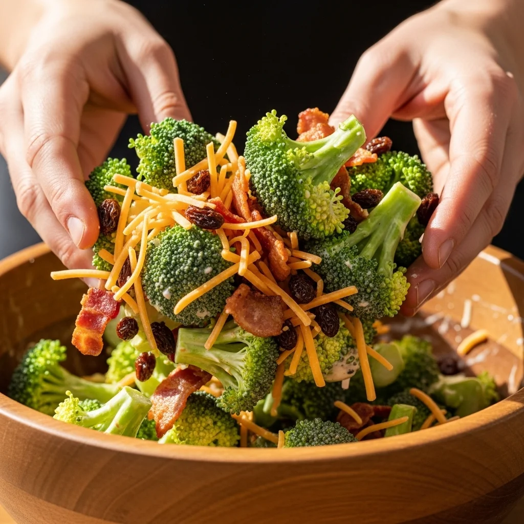 Ingredients for Amish Broccoli Salad arranged in a flat lay.