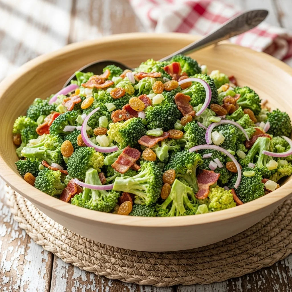 Finished Amish broccoli salad in a serving bowl.