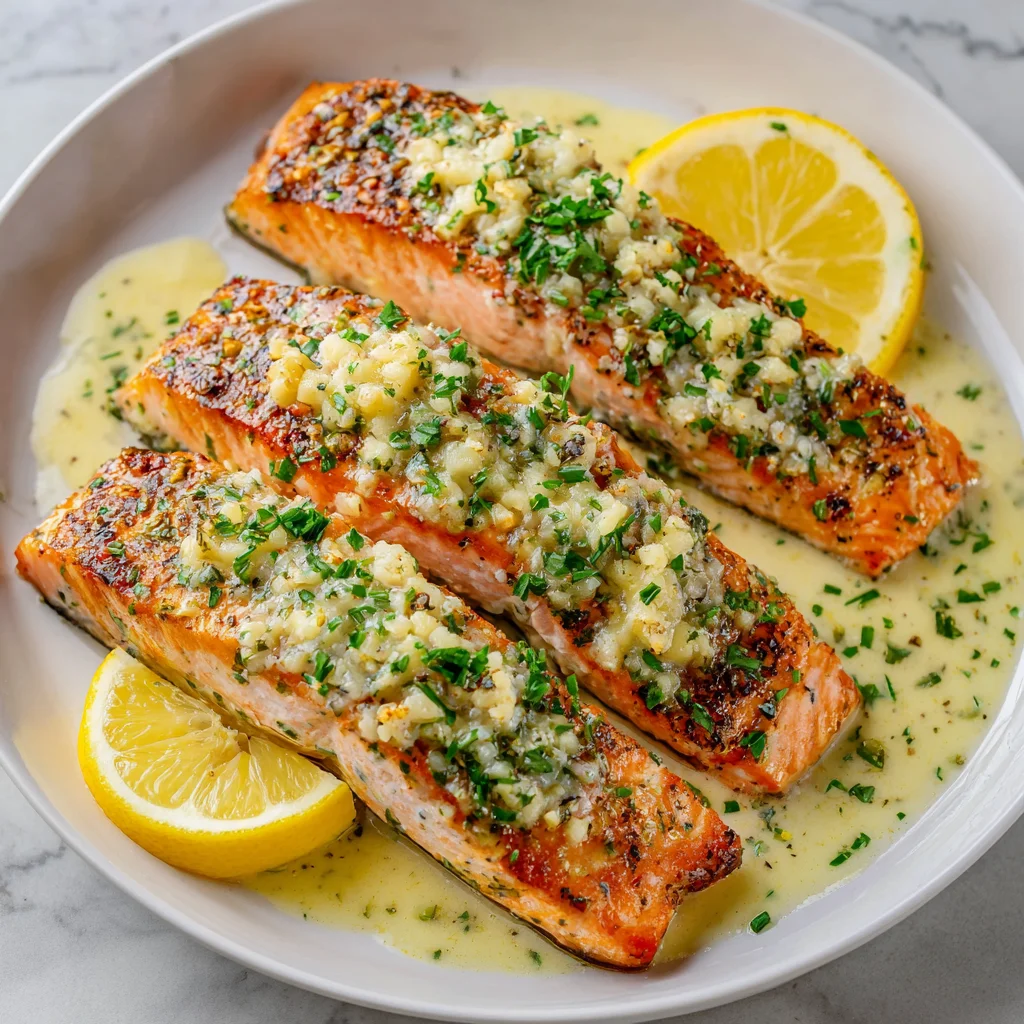 Finished baked salmon with garlic butter sauce ready to serve.