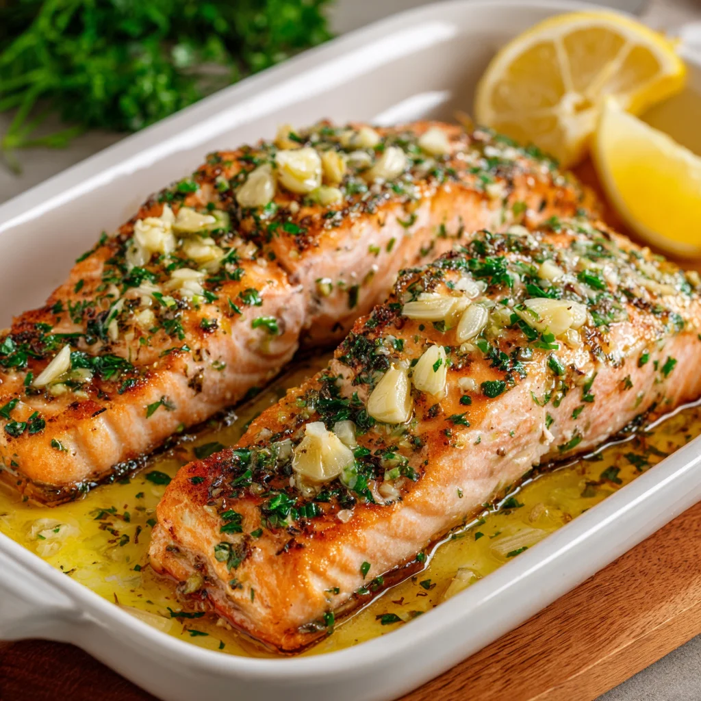 Baked Salmon with Garlic Butter Sauce
