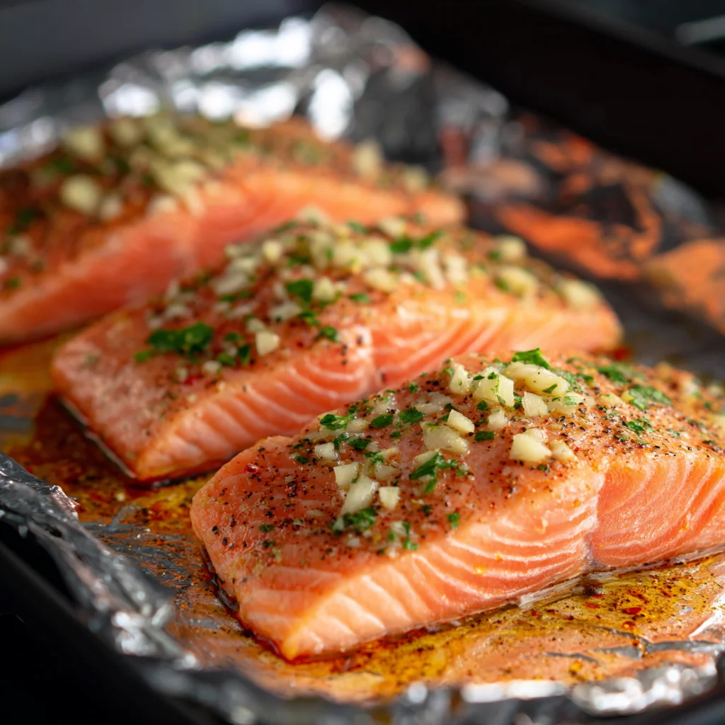 Preparing garlic butter baked salmon before cooking.
