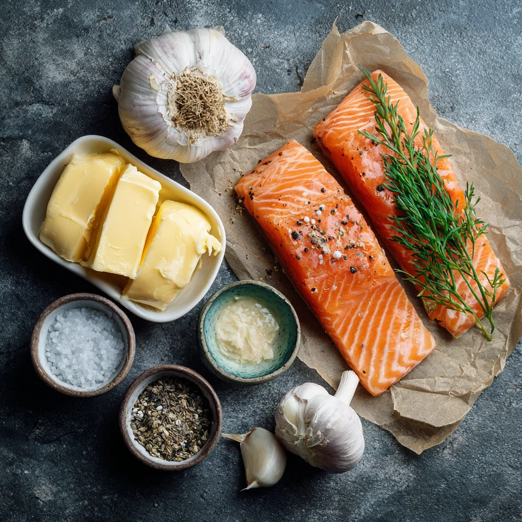 Flat lay of salmon and garlic butter ingredients.