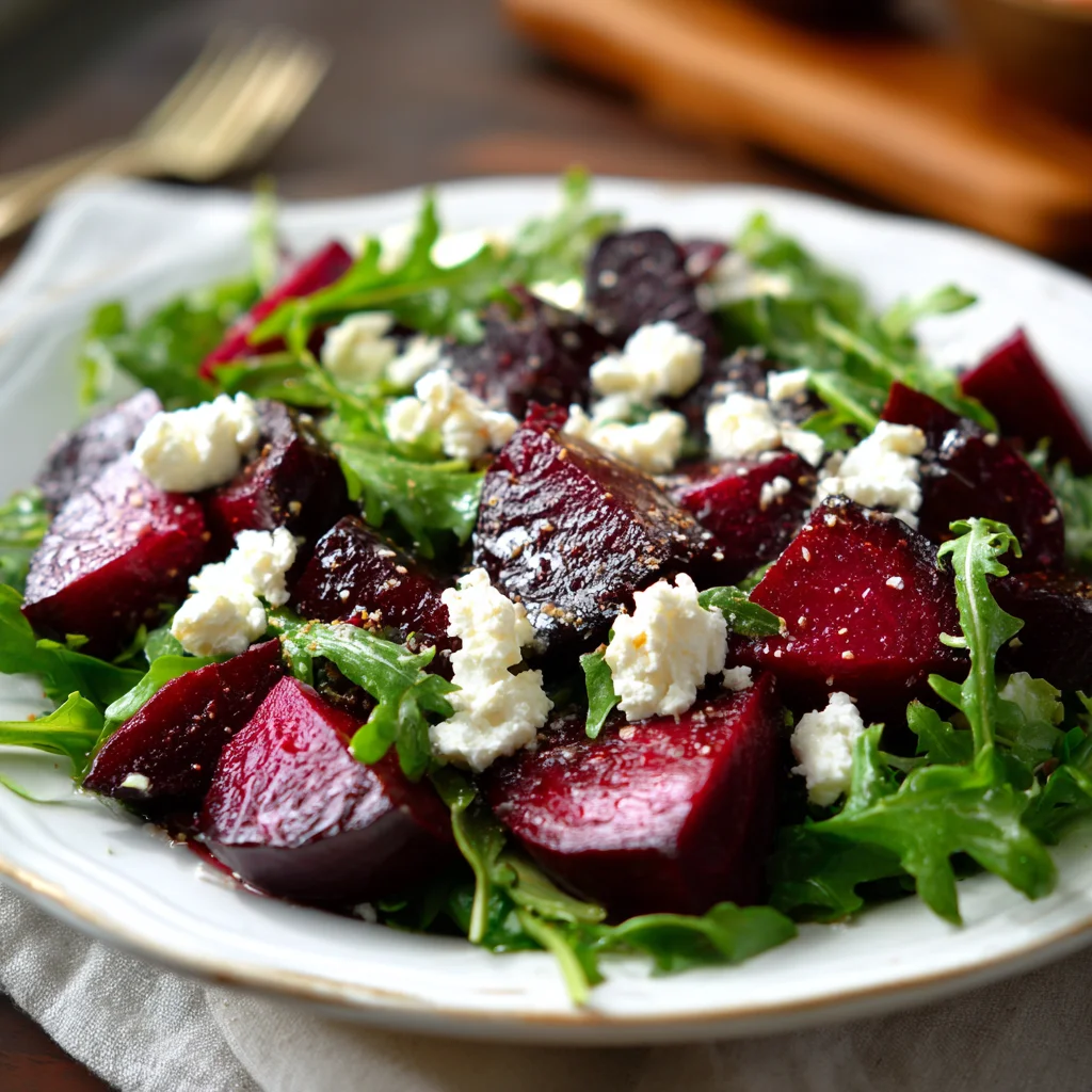 Finished balsamic beet salad with goat cheese.