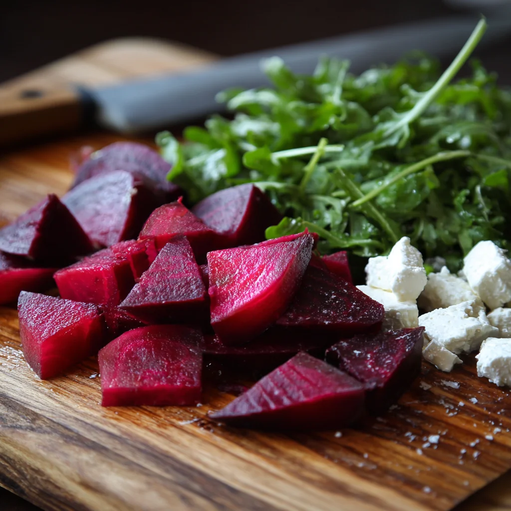 Ingredients for balsamic beet salad with arugula and goat cheese.