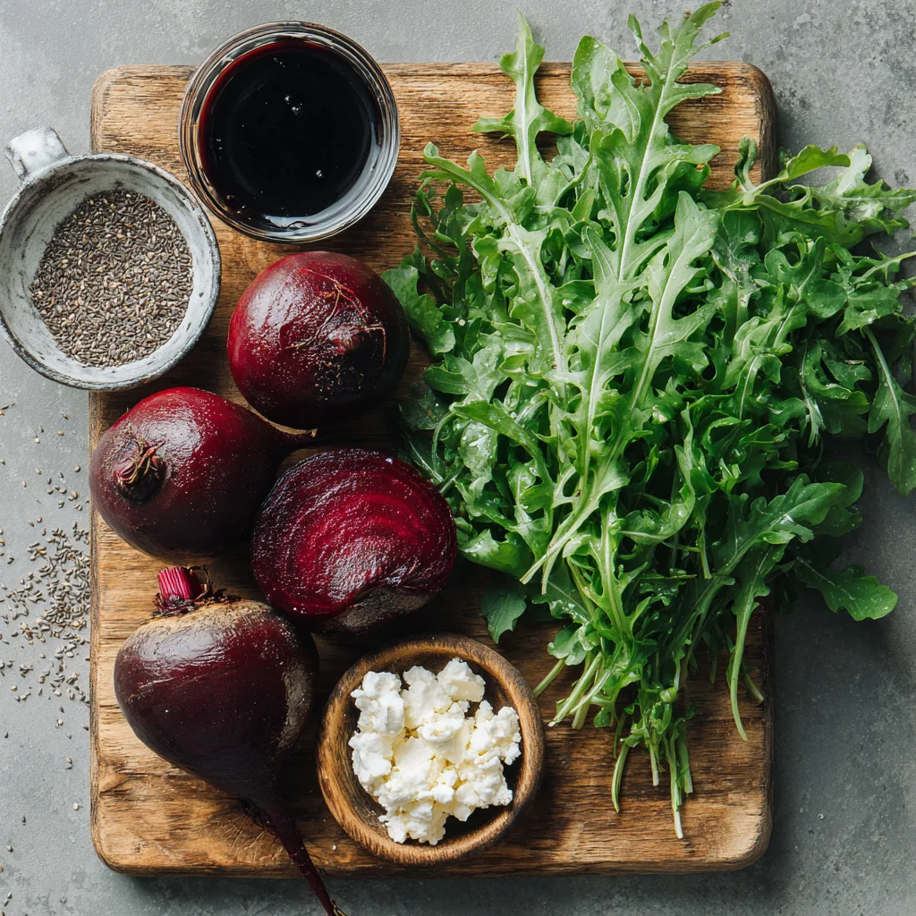 Ingredients for balsamic beet salad with arugula and goat cheese.