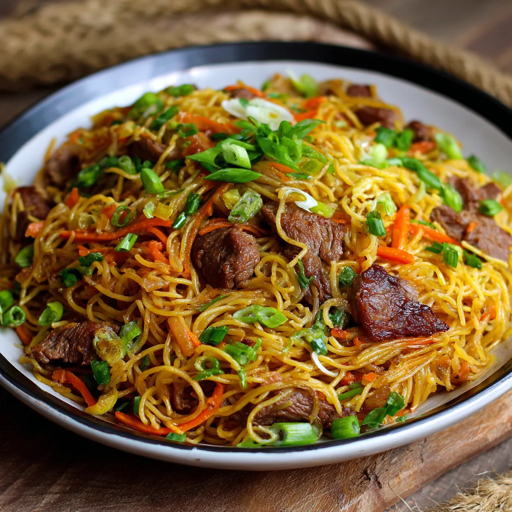 Finished beef pancit recipe Filipino-style with vegetables and garlic chips.