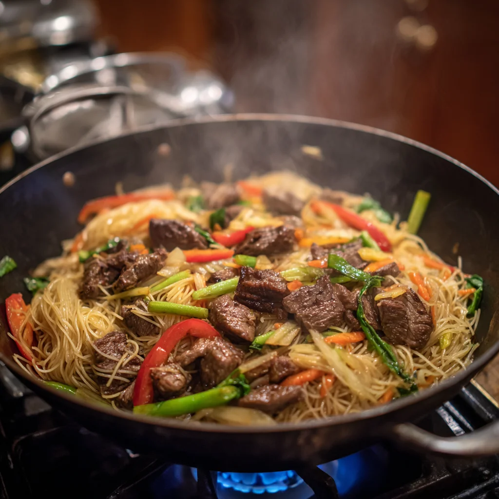 Beef pancit cooking in a wok with vegetables and noodles.
