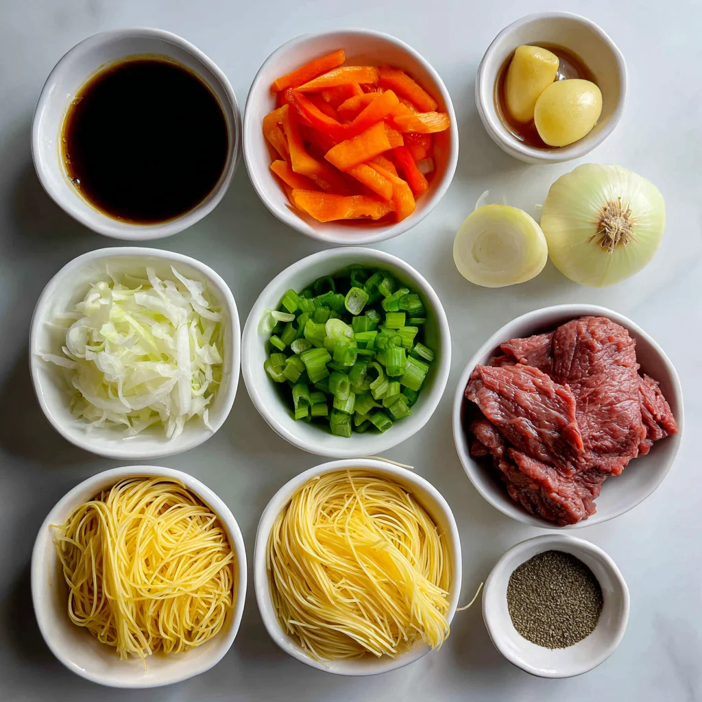 Ingredients for Filipino beef pancit arranged neatly.