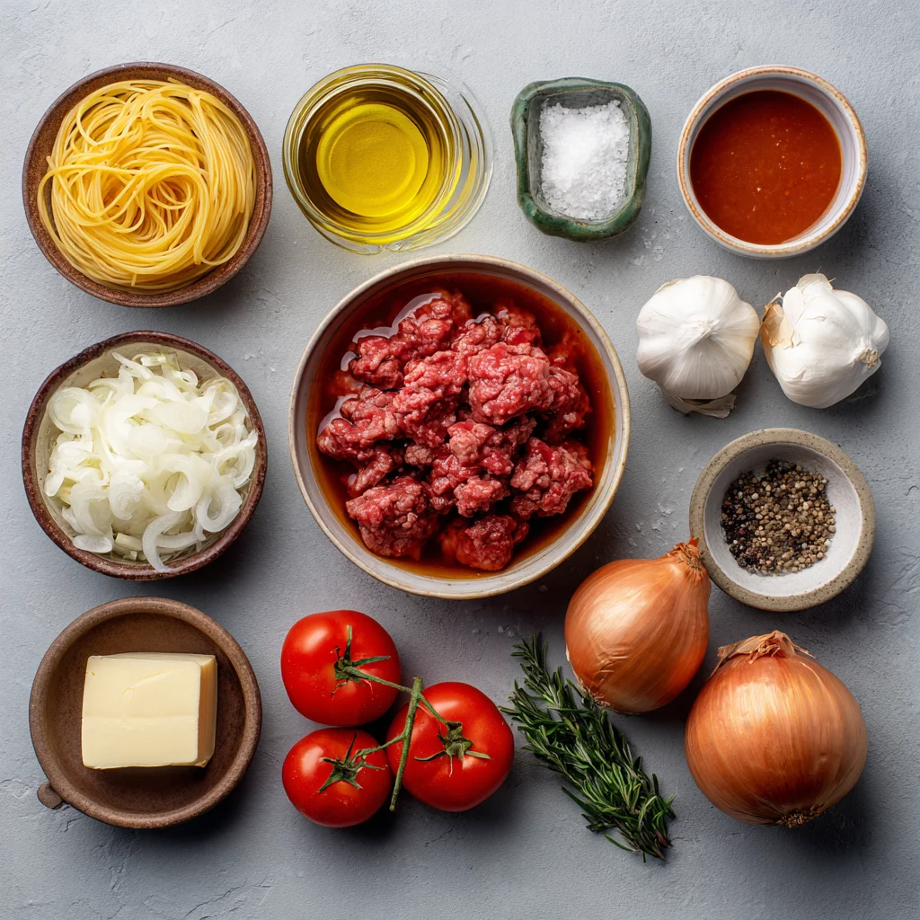 Ingredients for classic goulash arranged in a flat lay.