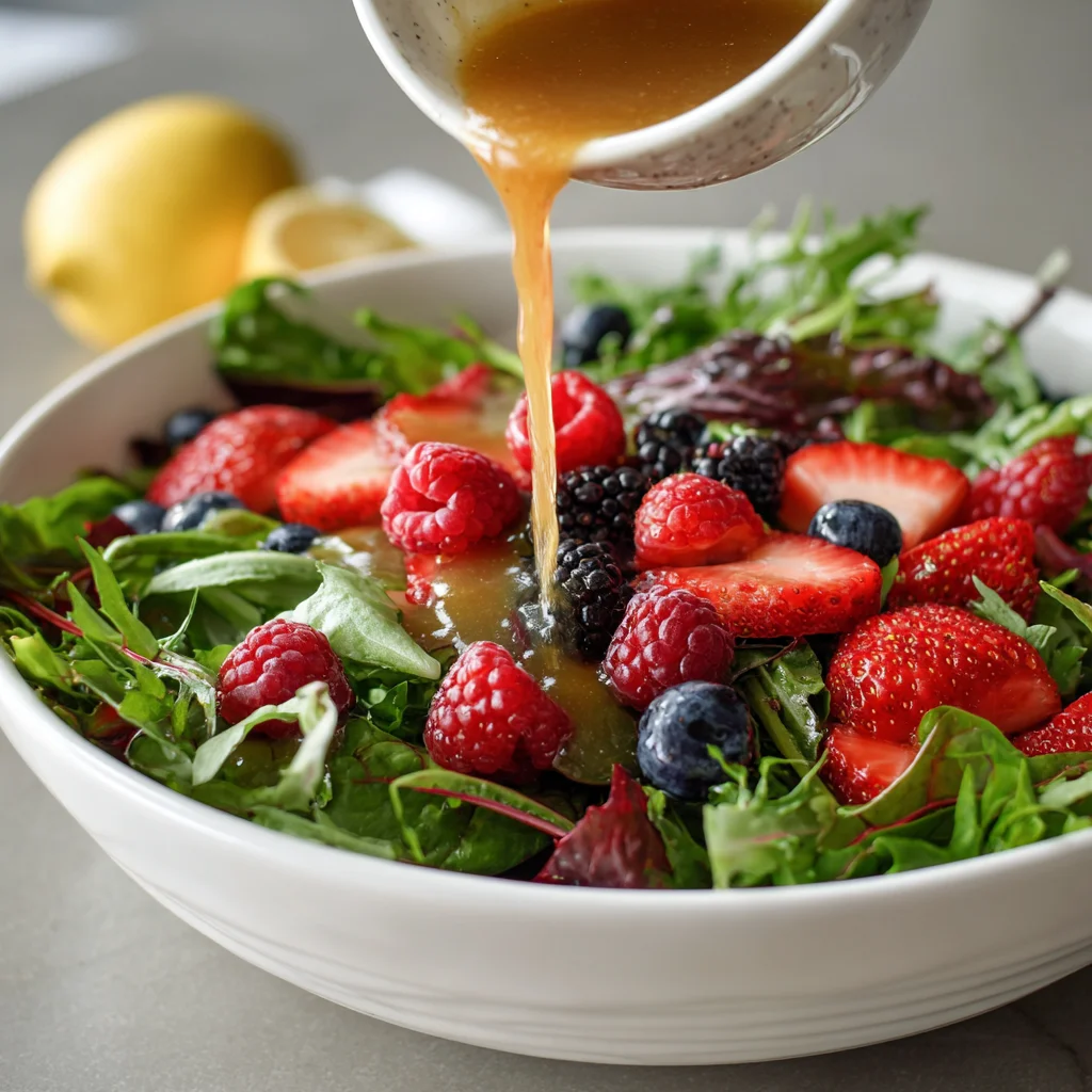Mixing the salad with vinaigrette pouring over berries and greens.
