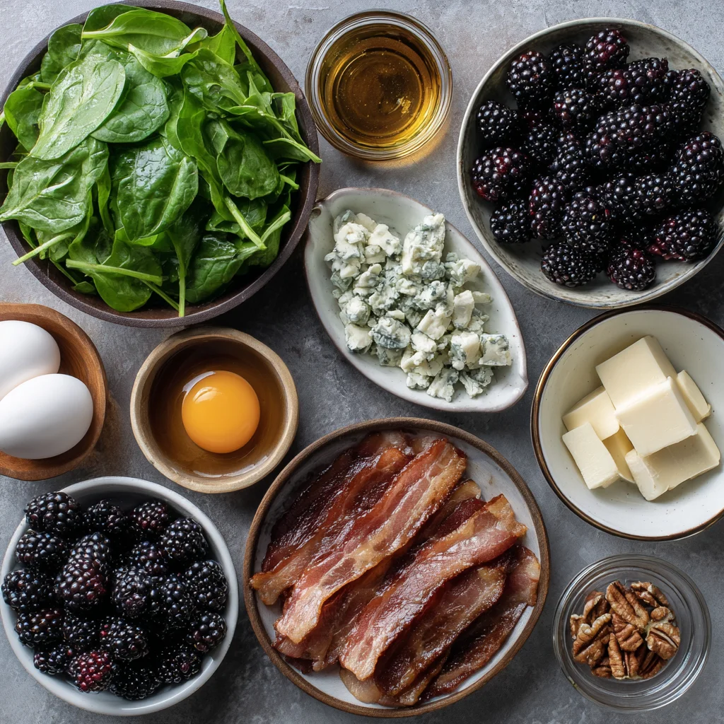 Overhead shot of ingredients for blackberry bacon blue cheese salad.