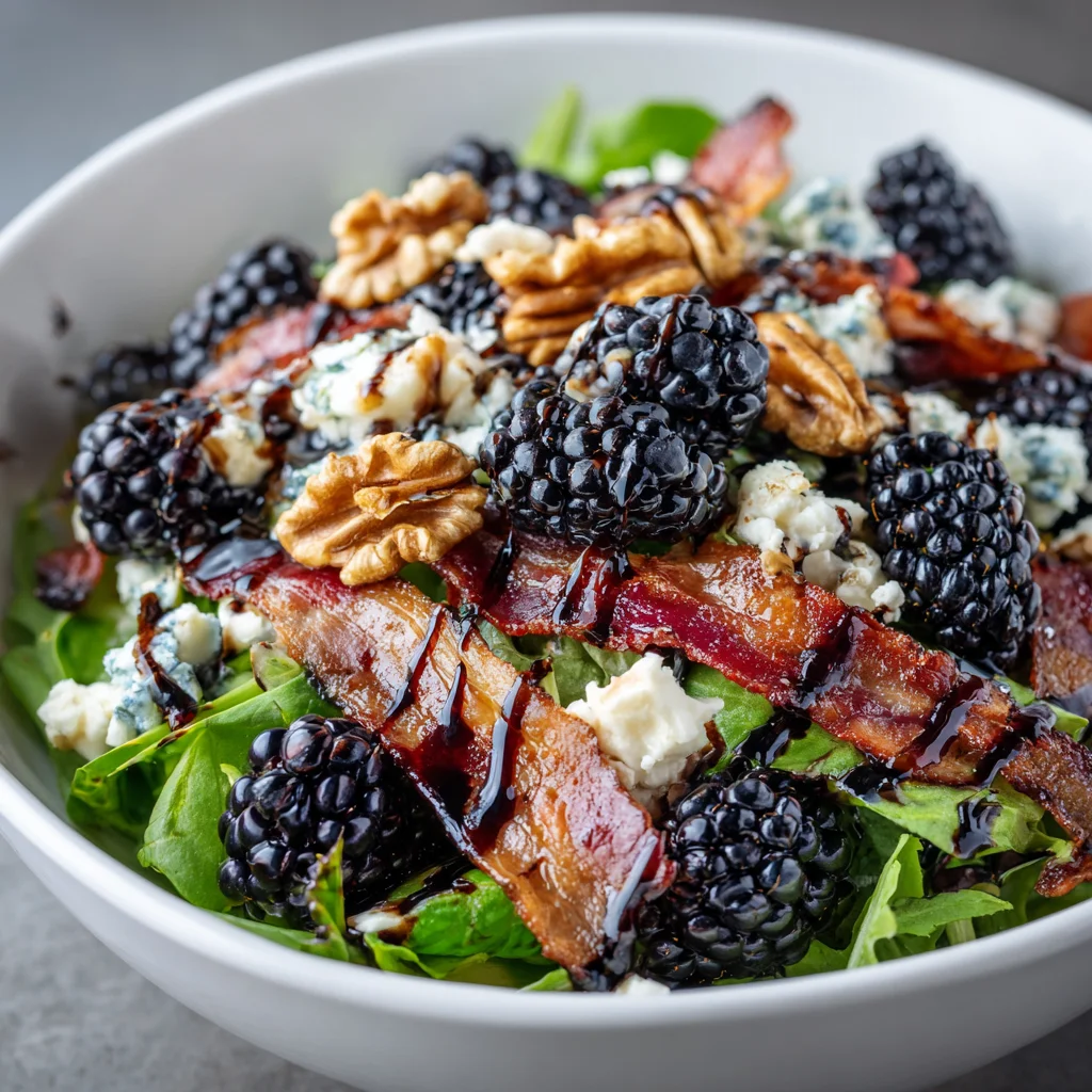 Finished blackberry bacon blue cheese salad ready to serve.