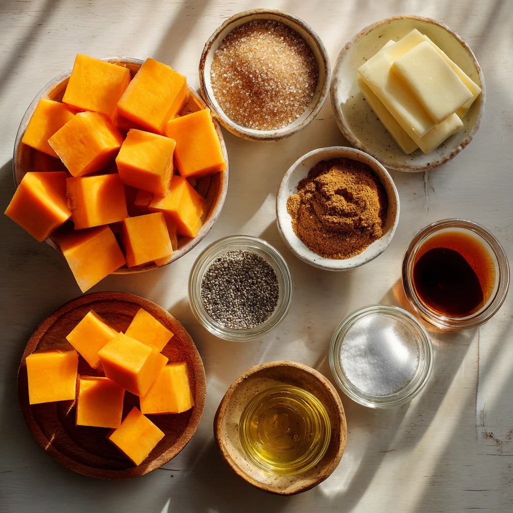 Ingredients arranged for caramelized butternut squash with brown sugar.