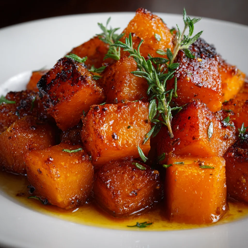 Caramelized roasted butternut squash on a baking sheet.