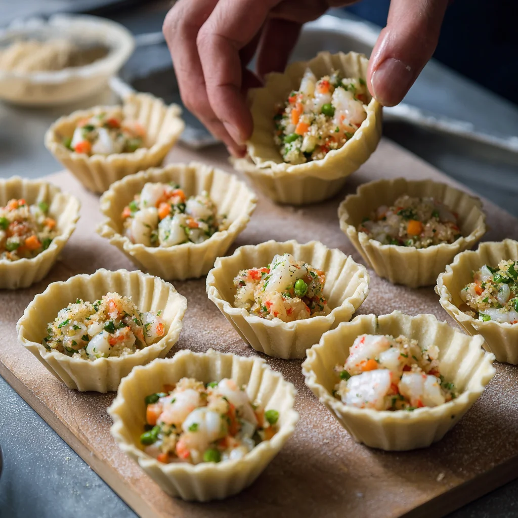 Filling mini pastry shells with seafood mixture for quiches.