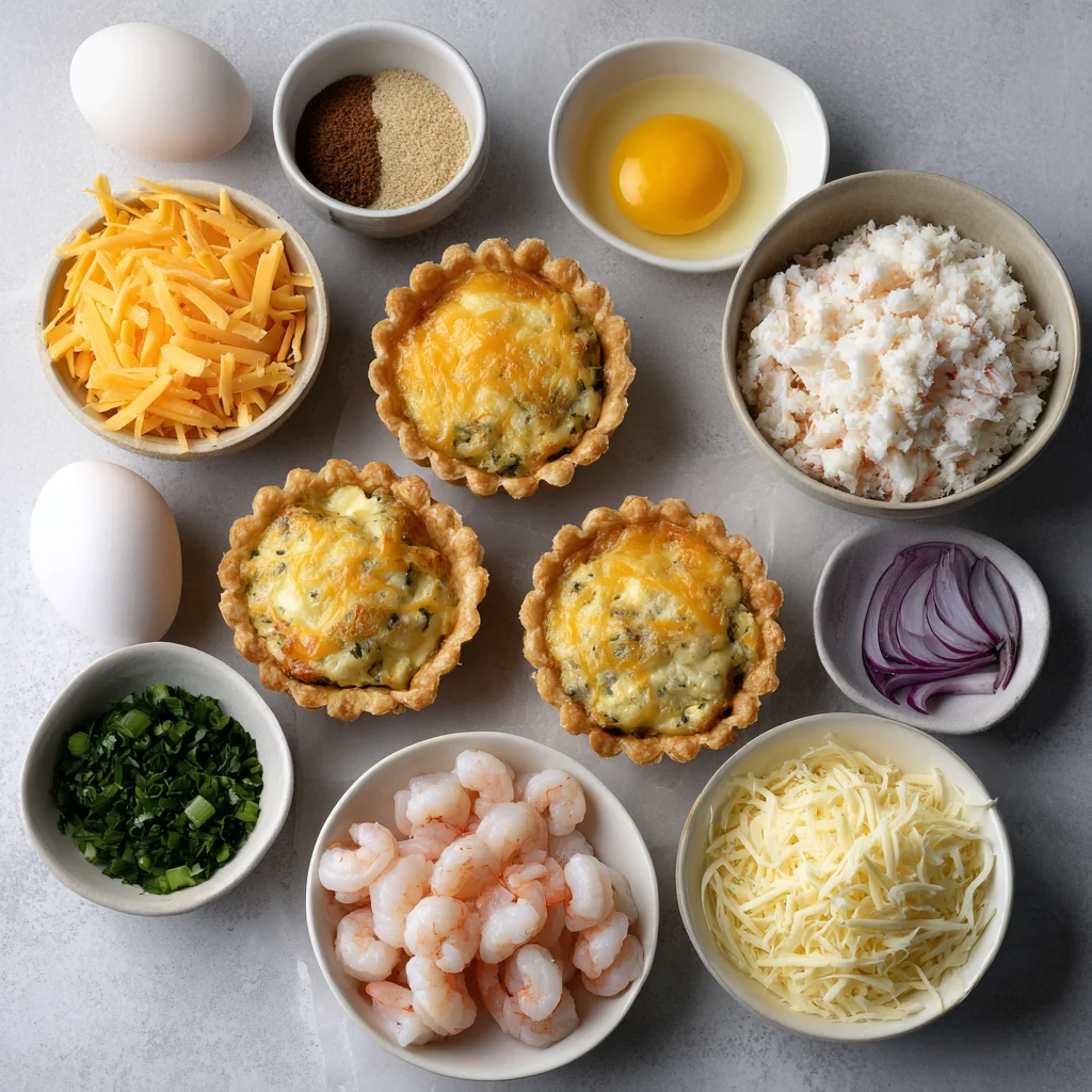 Flat lay of ingredients for seafood mini quiches with cheddar, crab, and shrimp.