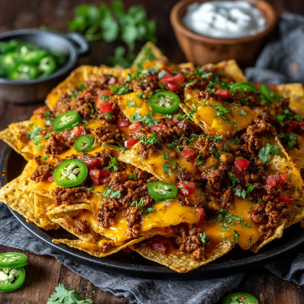 Fully loaded chili cheese nachos served on a platter.