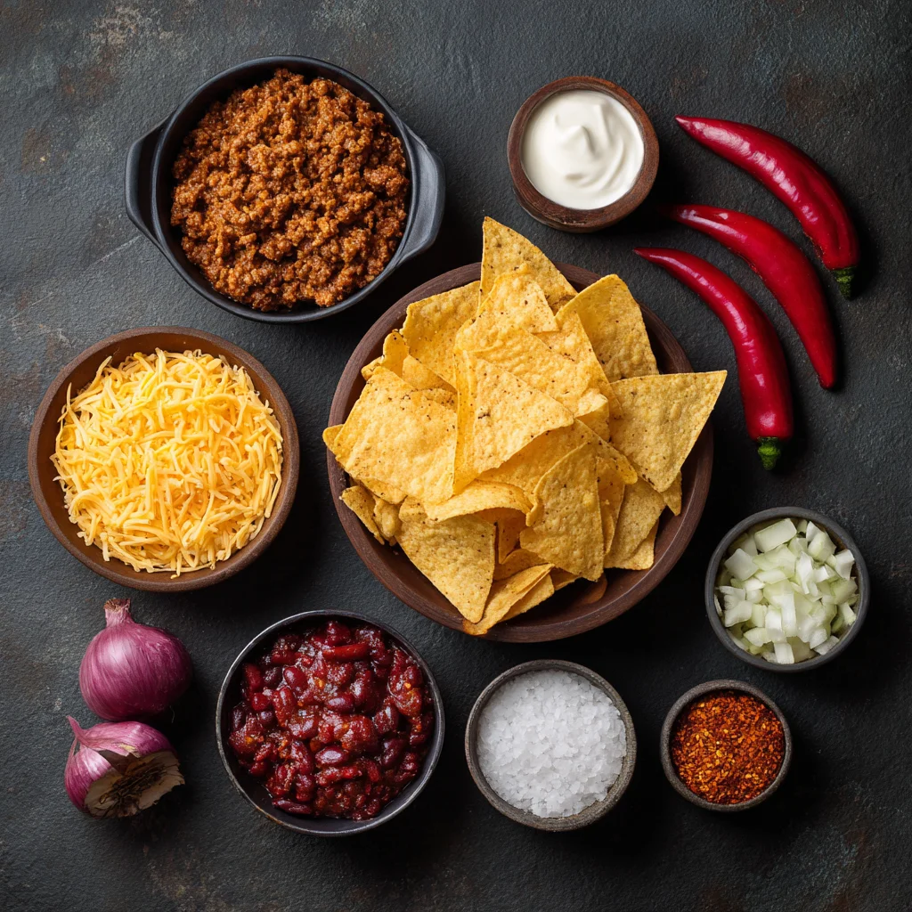 Ingredients for chili cheese nachos arranged in a flat-lay.