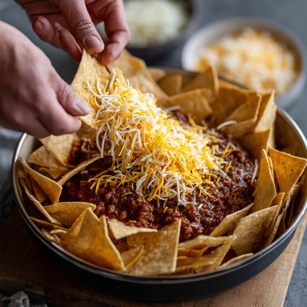 Chili and cheese being added to tortilla chips before baking.