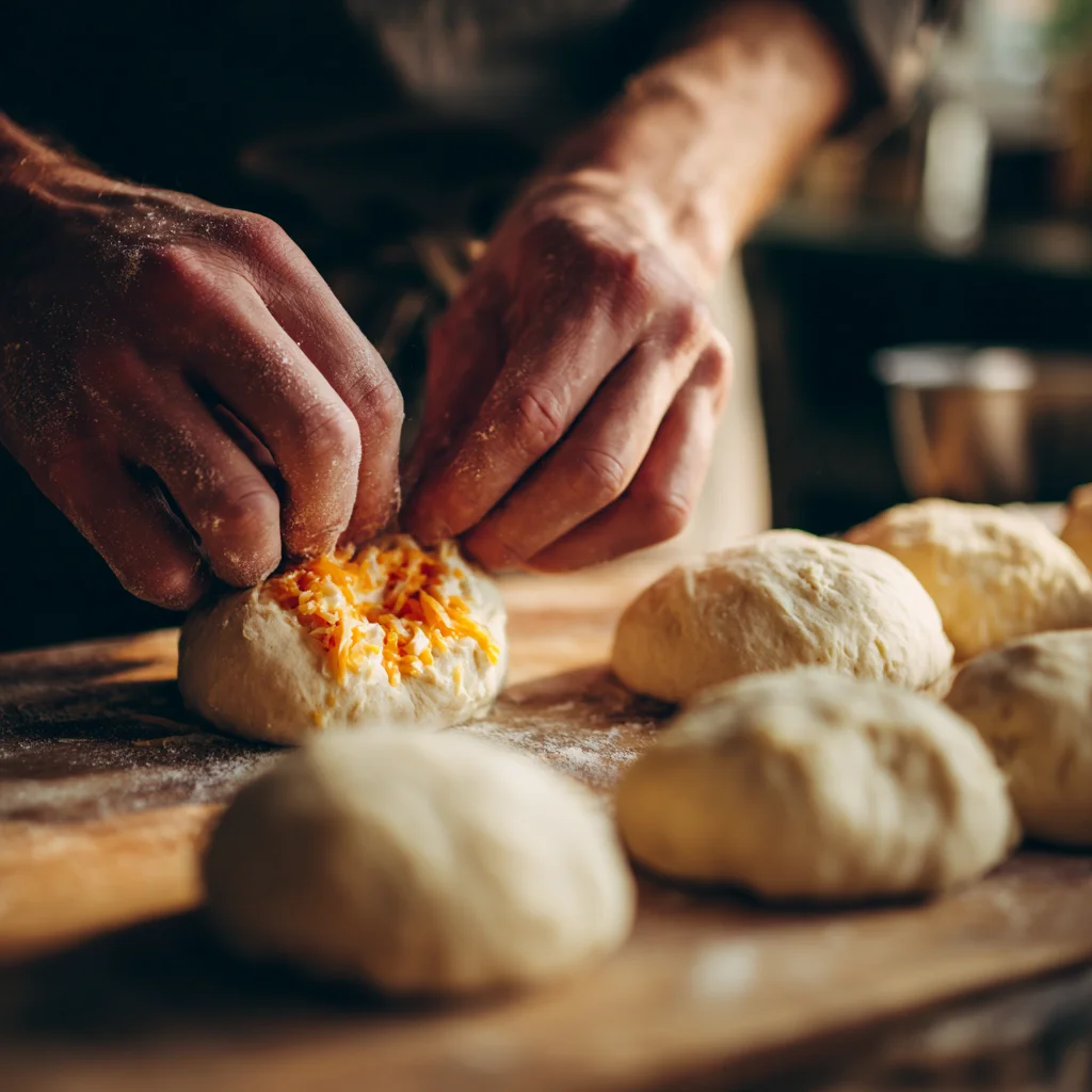 “Dough balls being stuffed with cheese during the garlic bread roll-making process.