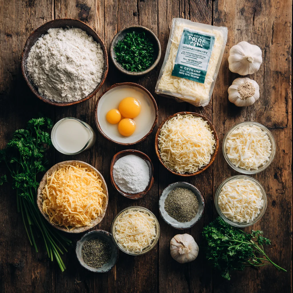 “Ingredients for cheesy stuffed garlic bread rolls arranged on a rustic table.”