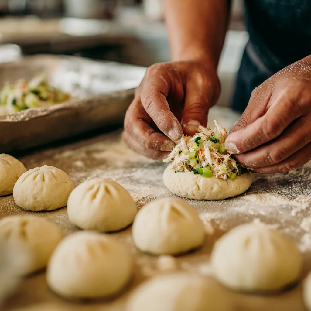 Hands stuffing biscuit dough with crab filling during preparation.