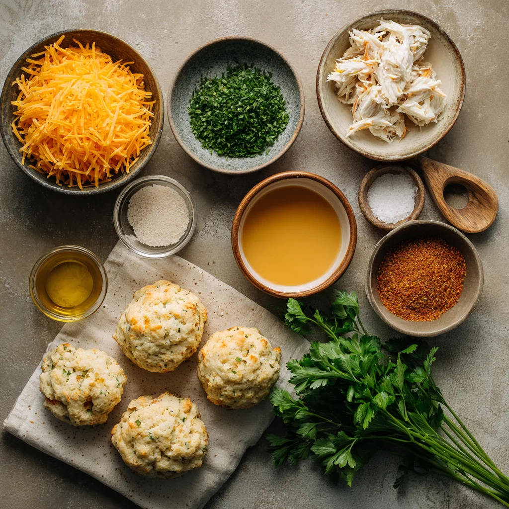 lat lay of ingredients for crab stuffed cheddar bay biscuits.