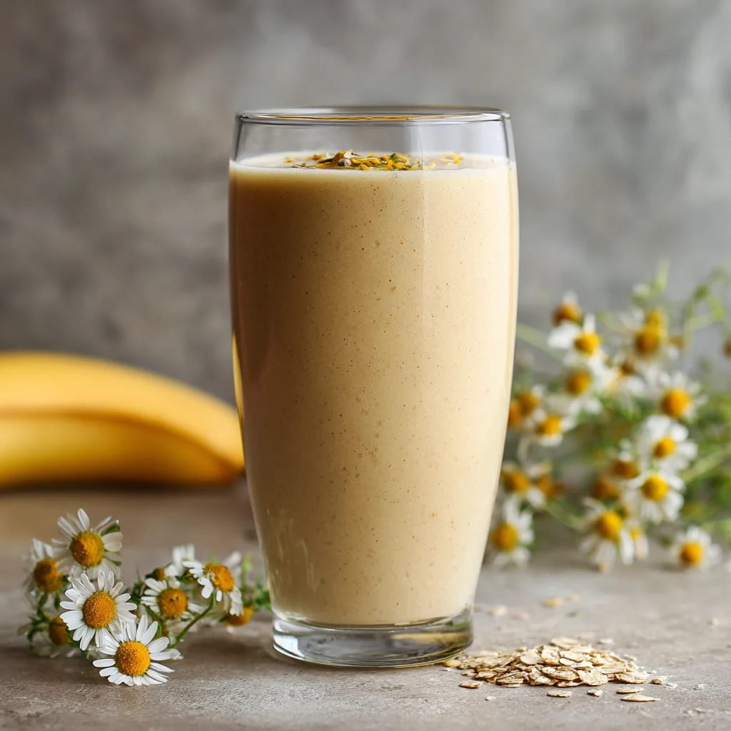 Blending banana and chamomile tea into a creamy smoothie.