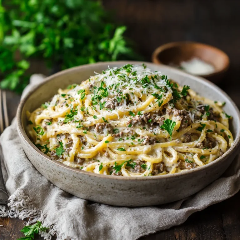 Creamy Ground Beef Alfredo Pasta