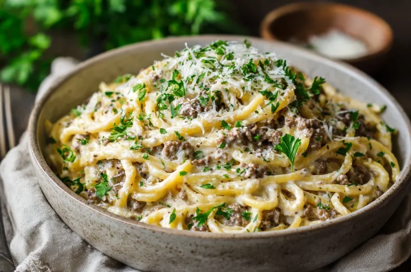 Creamy Ground Beef Alfredo Pasta