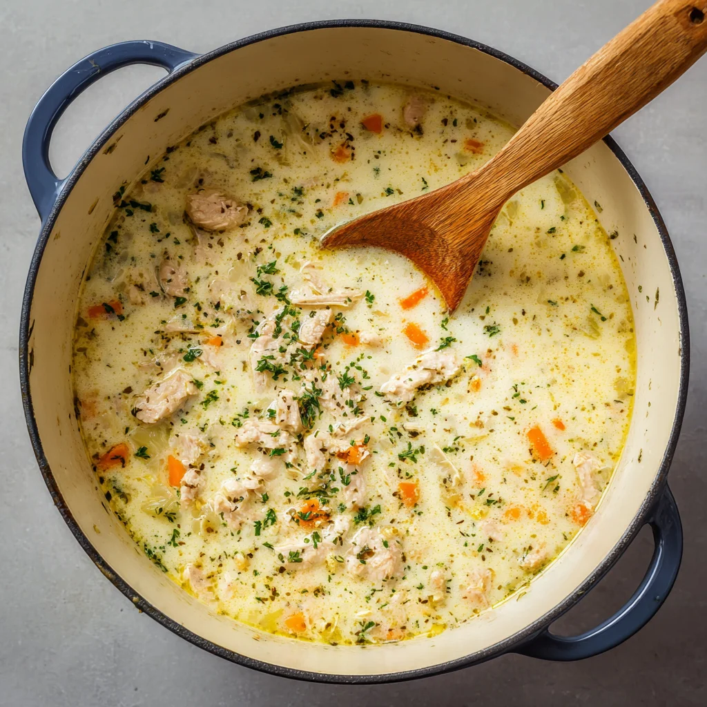 Cooking creamy crack chicken soup in a pot.