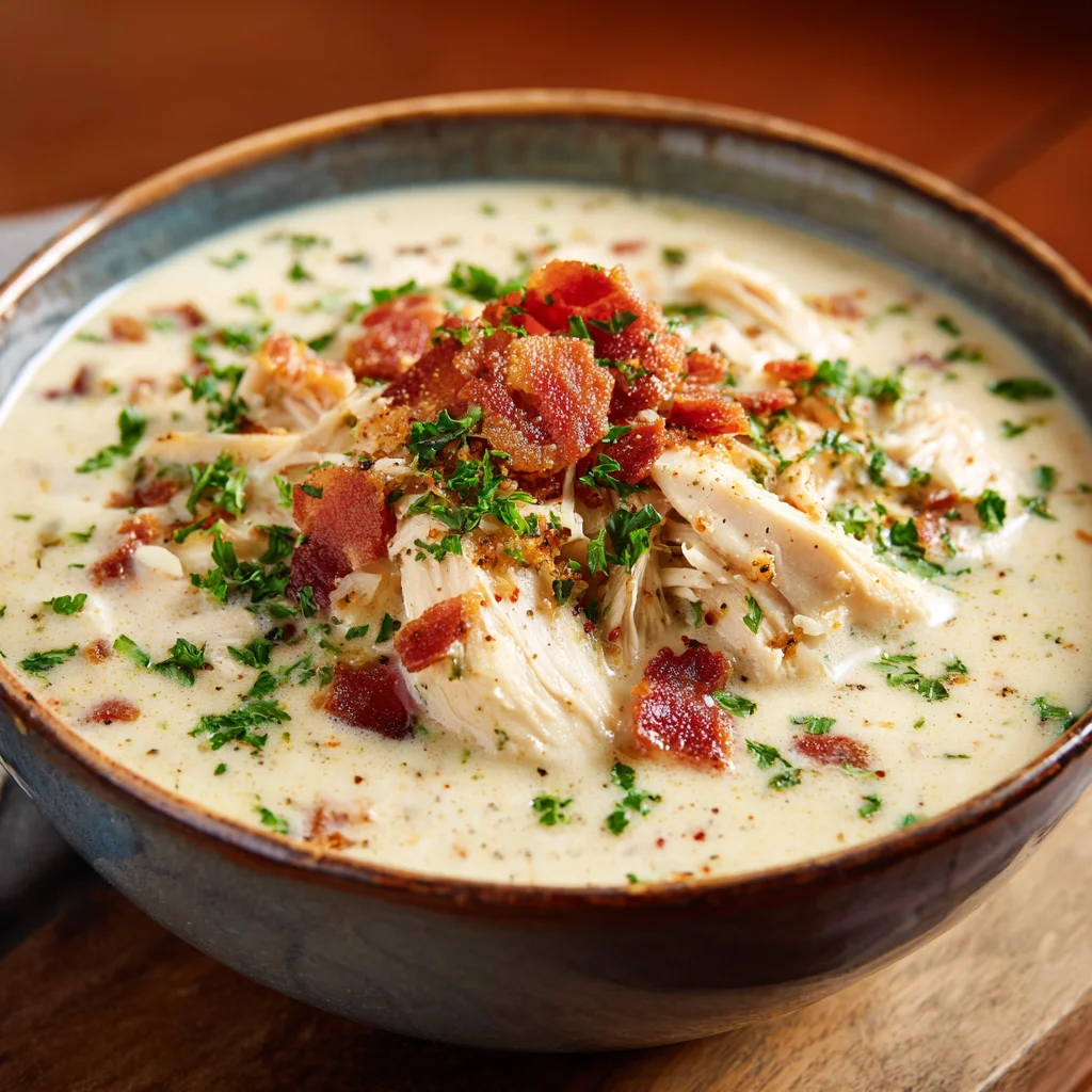 Bowl of creamy crack chicken soup with bacon.