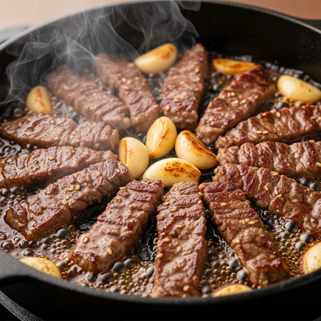 Korean BBQ beef cooking in a pan with garlic and soy sauce.