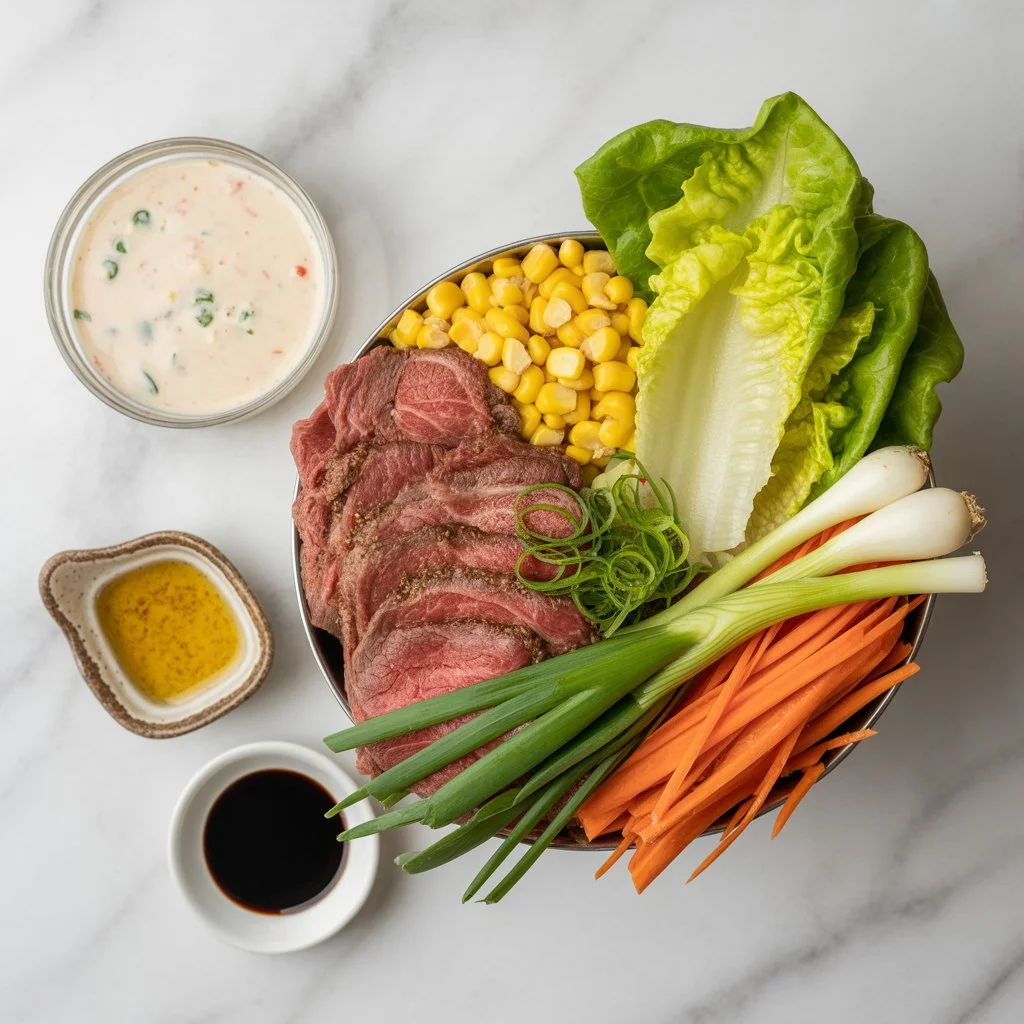 Ingredients for Korean BBQ beef bowl with corn and creamy sauce.