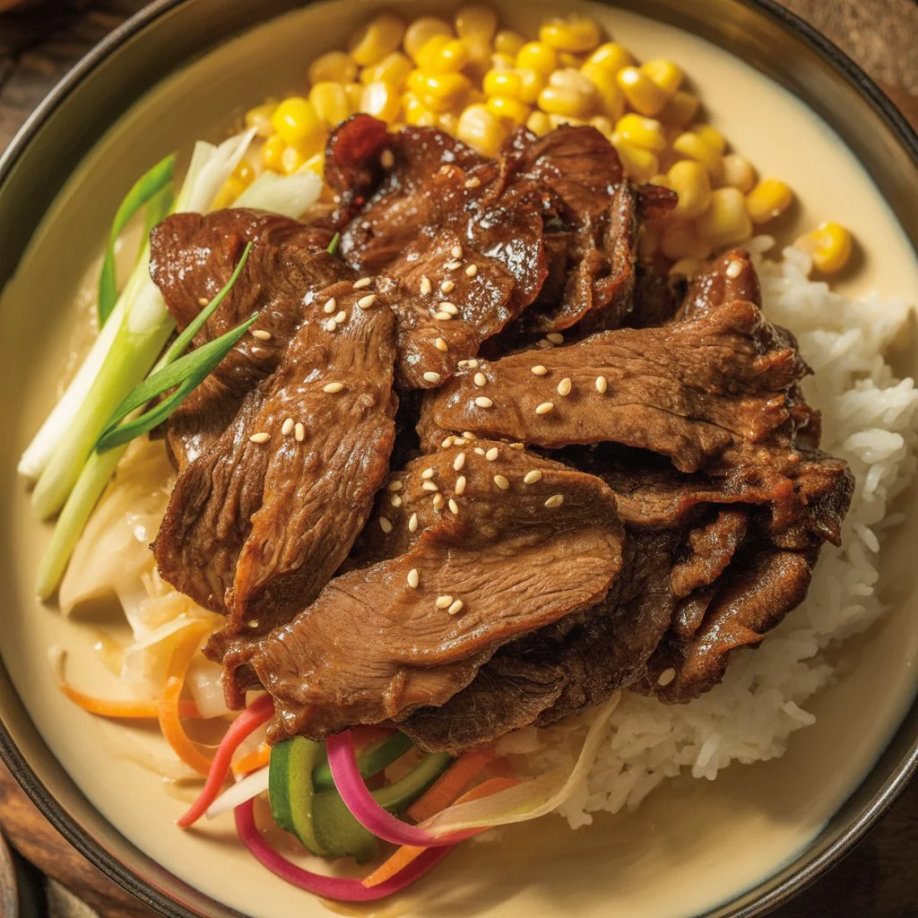 Finished Korean BBQ beef bowl with corn and creamy sriracha sauce.