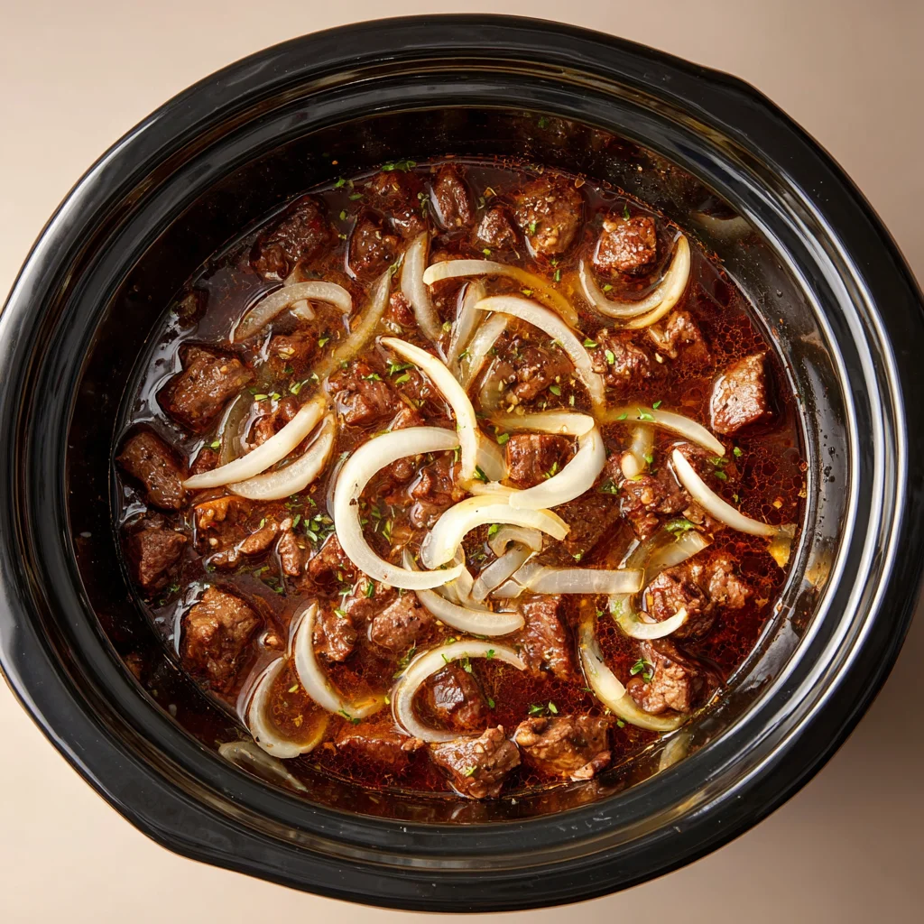 Slow cooker filled with beef, onions, and broth.