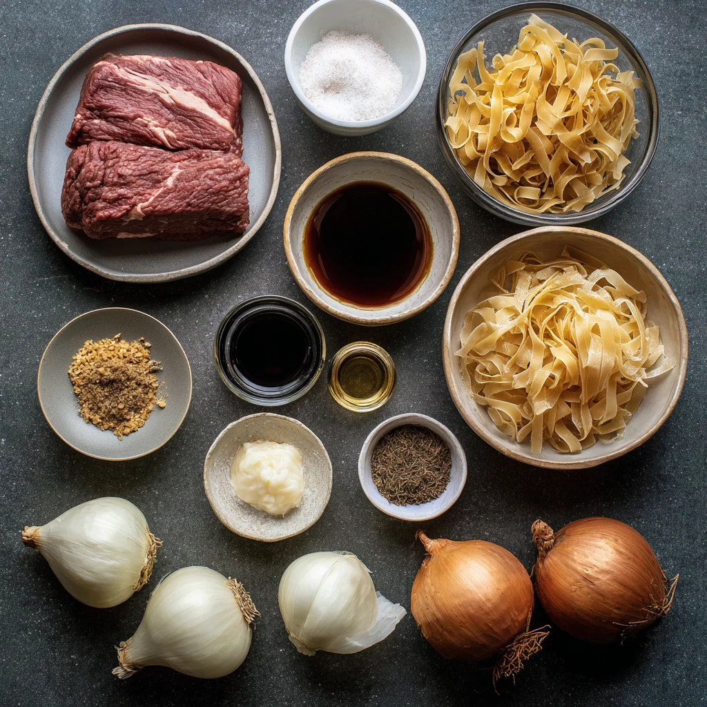 Ingredients for French onion beef and noodles arranged in a flat lay.