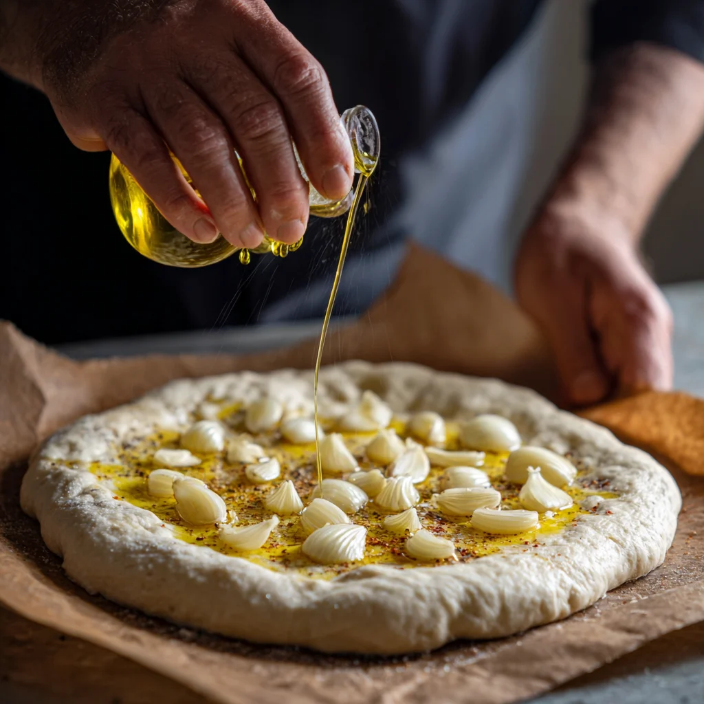 Preparing focaccia dough with garlic and olive oil.