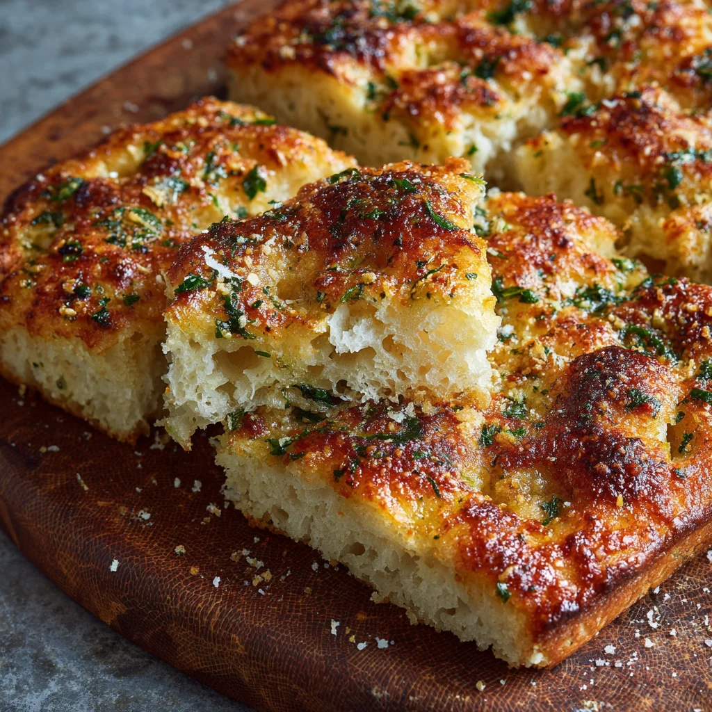 Finished garlic parmesan focaccia bread.