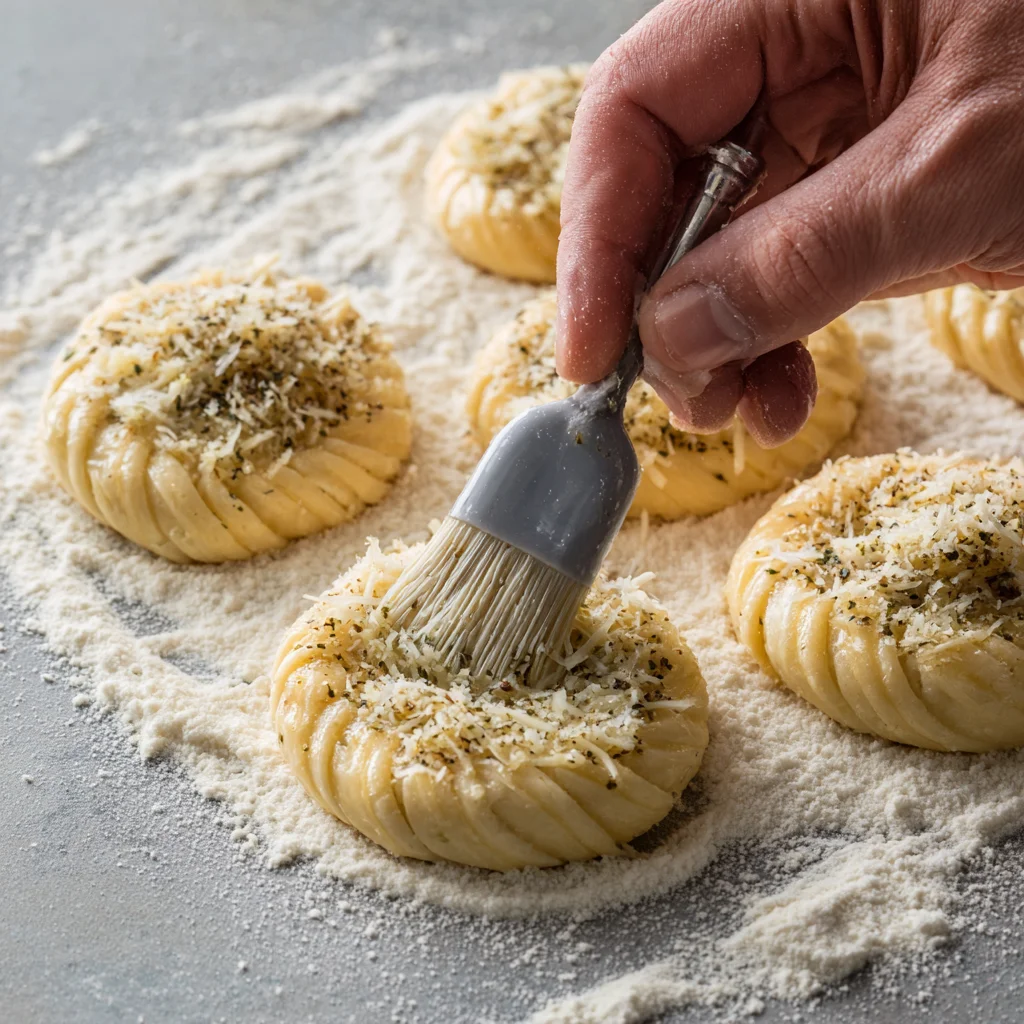 Brushing garlic butter and Parmesan onto crescent dough for cruffins.