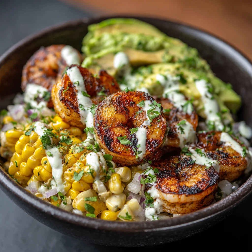 Final grilled shrimp bowl with avocado corn salsa and garlic sauce.