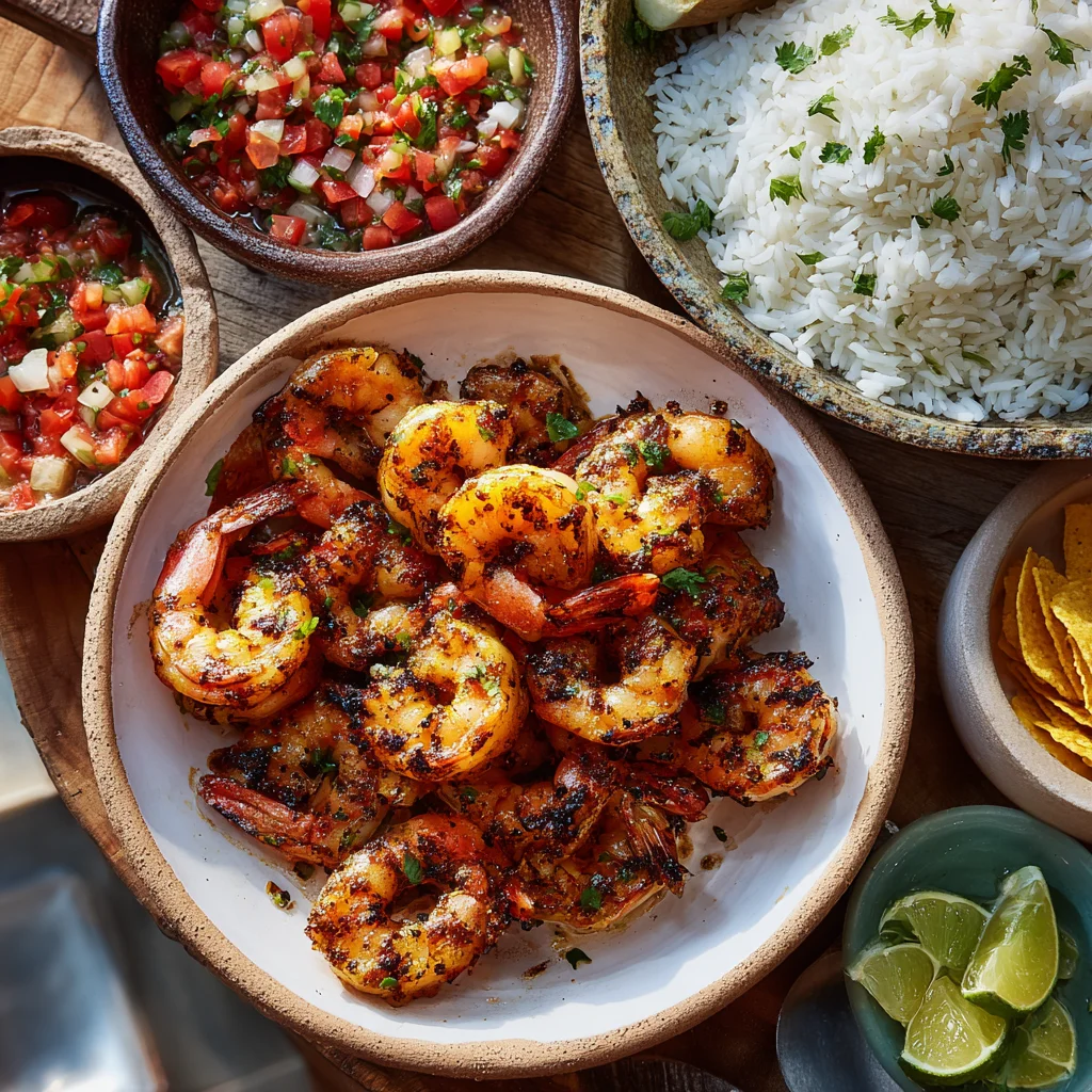 Grilled shrimp and assembling bowls with salsa and rice.