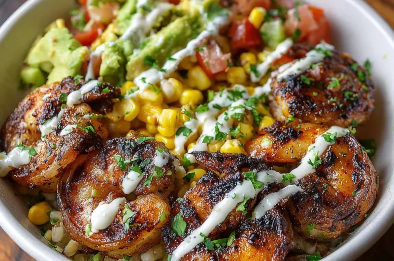 Grilled Shrimp Bowl With Avocado, Corn Salsa & Creamy Garlic Sauce