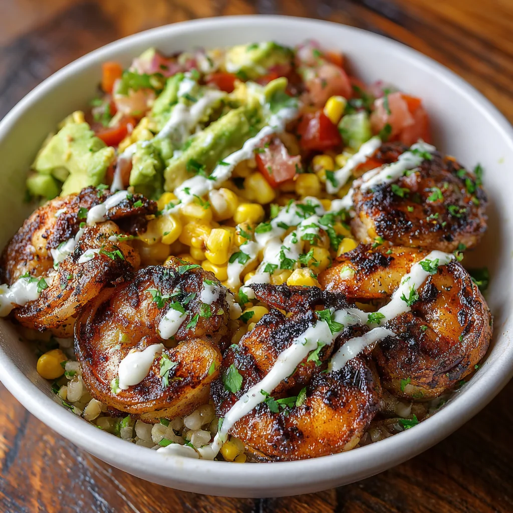 Grilled Shrimp Bowl With Avocado, Corn Salsa & Creamy Garlic Sauce