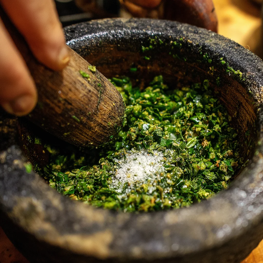 Grinding dried jalapeños with salt to make seasoning.