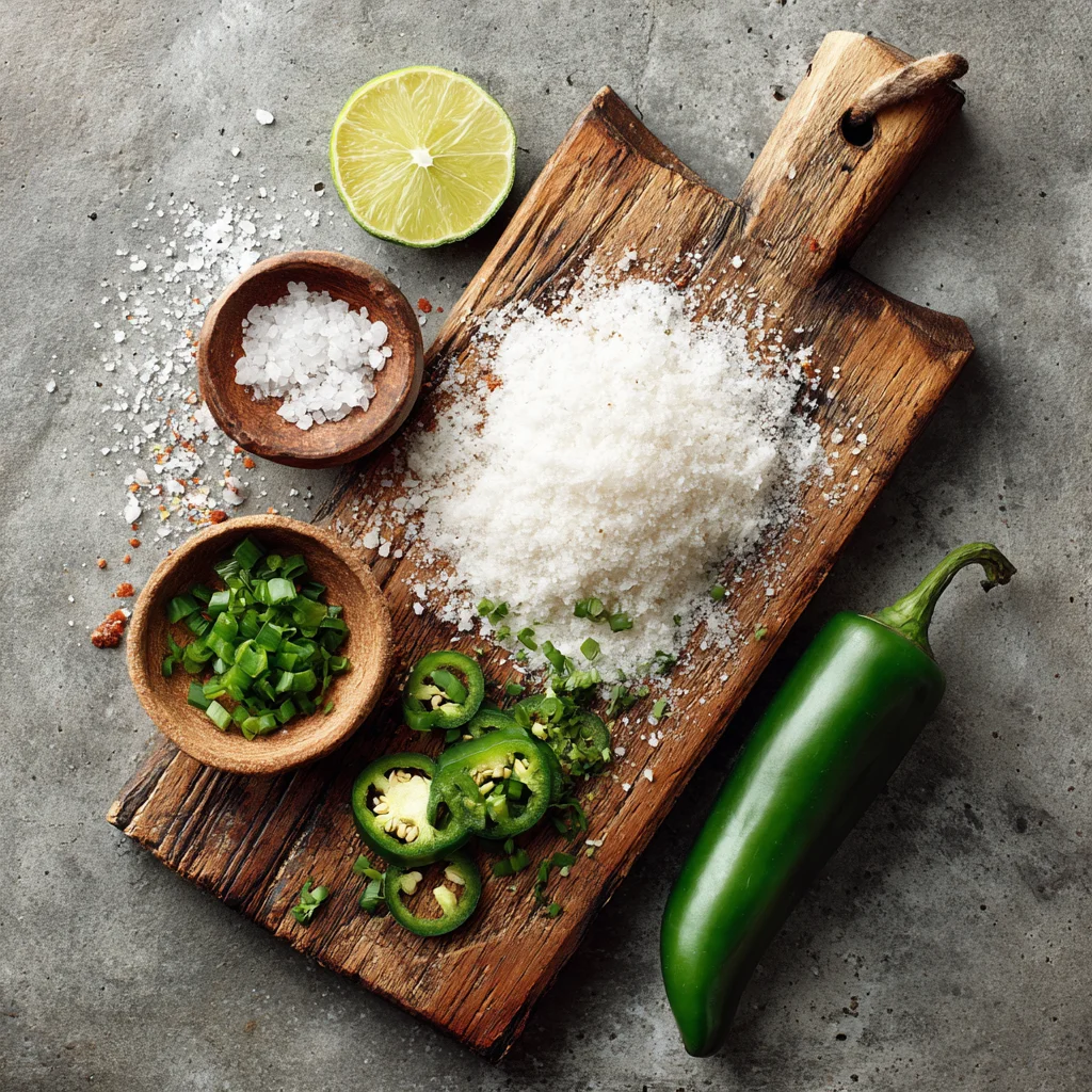 Ingredients for homemade jalapeño salt on a cutting board.