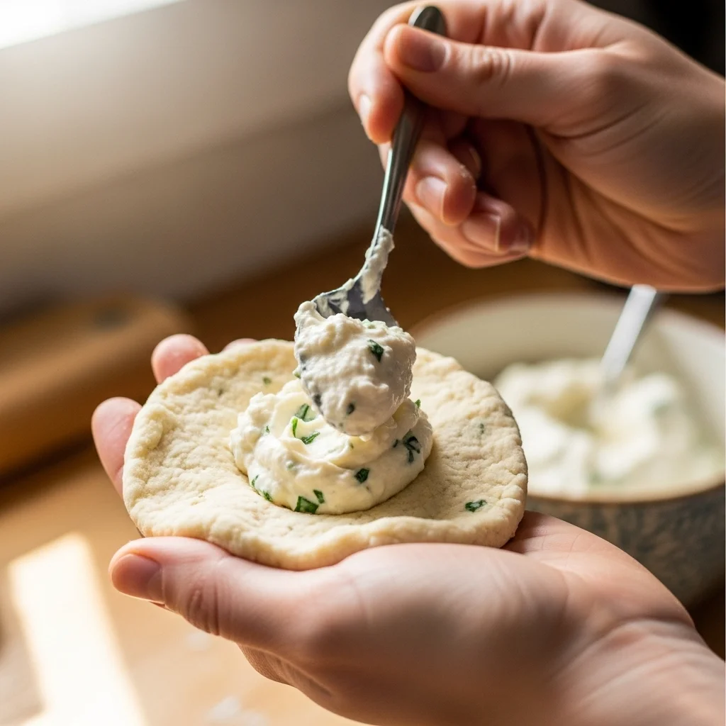 Preparing keto cheese danish dough with cream cheese filling.