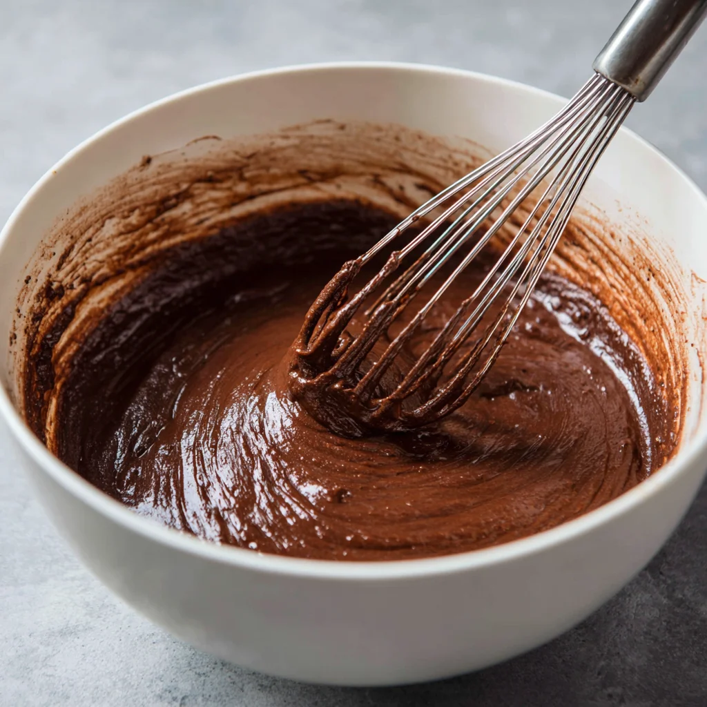 Thick chocolate keto pound cake batter being mixed.
