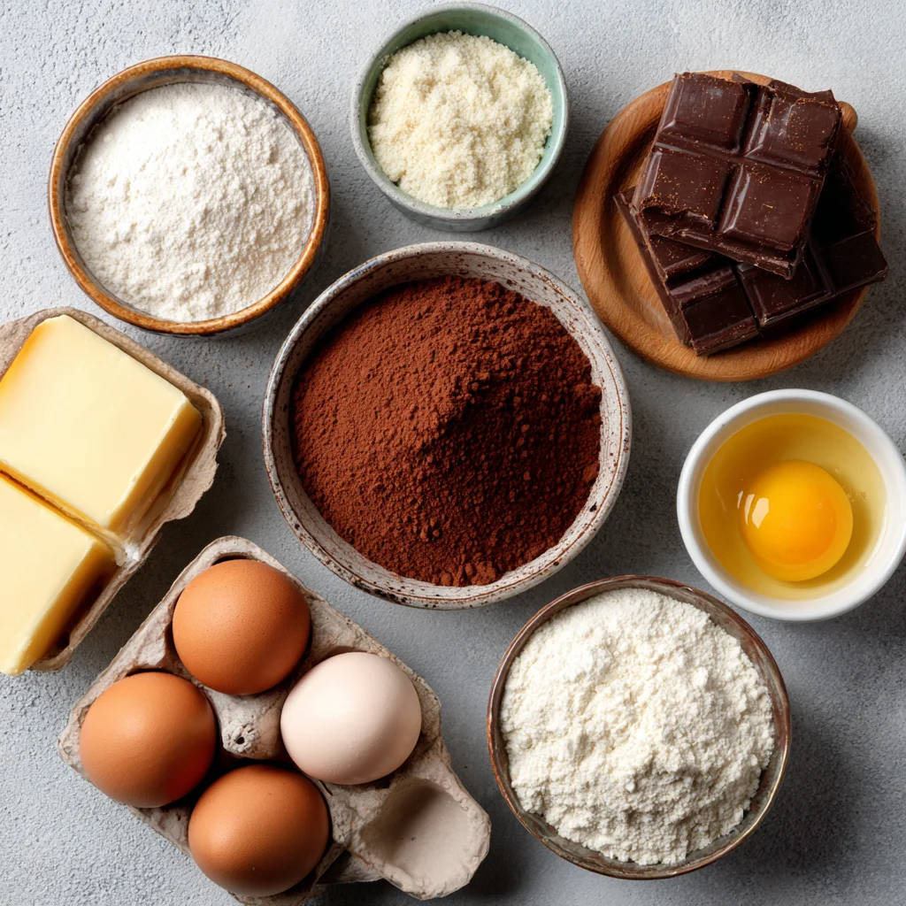 Ingredients for keto chocolate pound cake arranged in a flat lay.