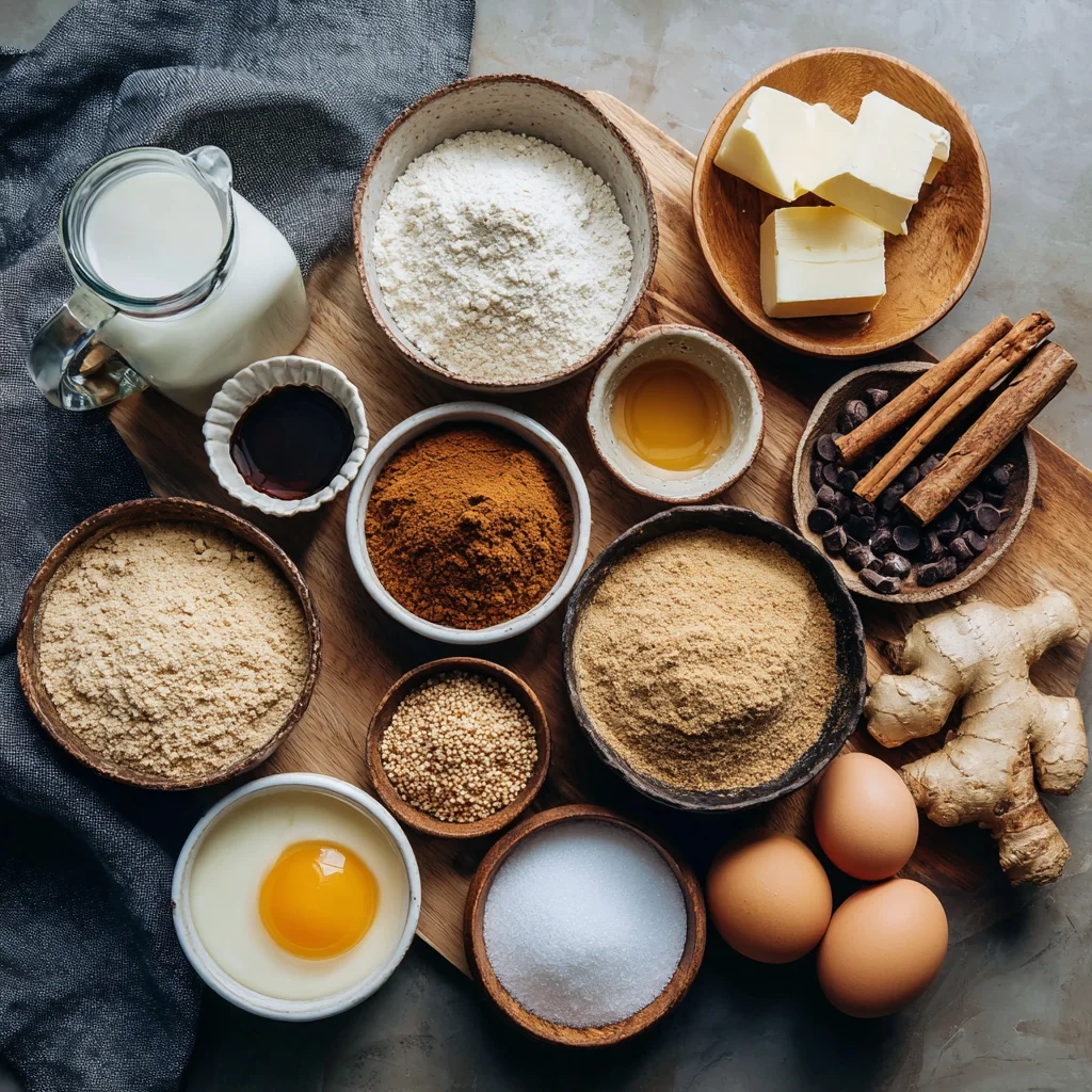 Keto gingerbread cheesecake cookie ingredients arranged on a table.